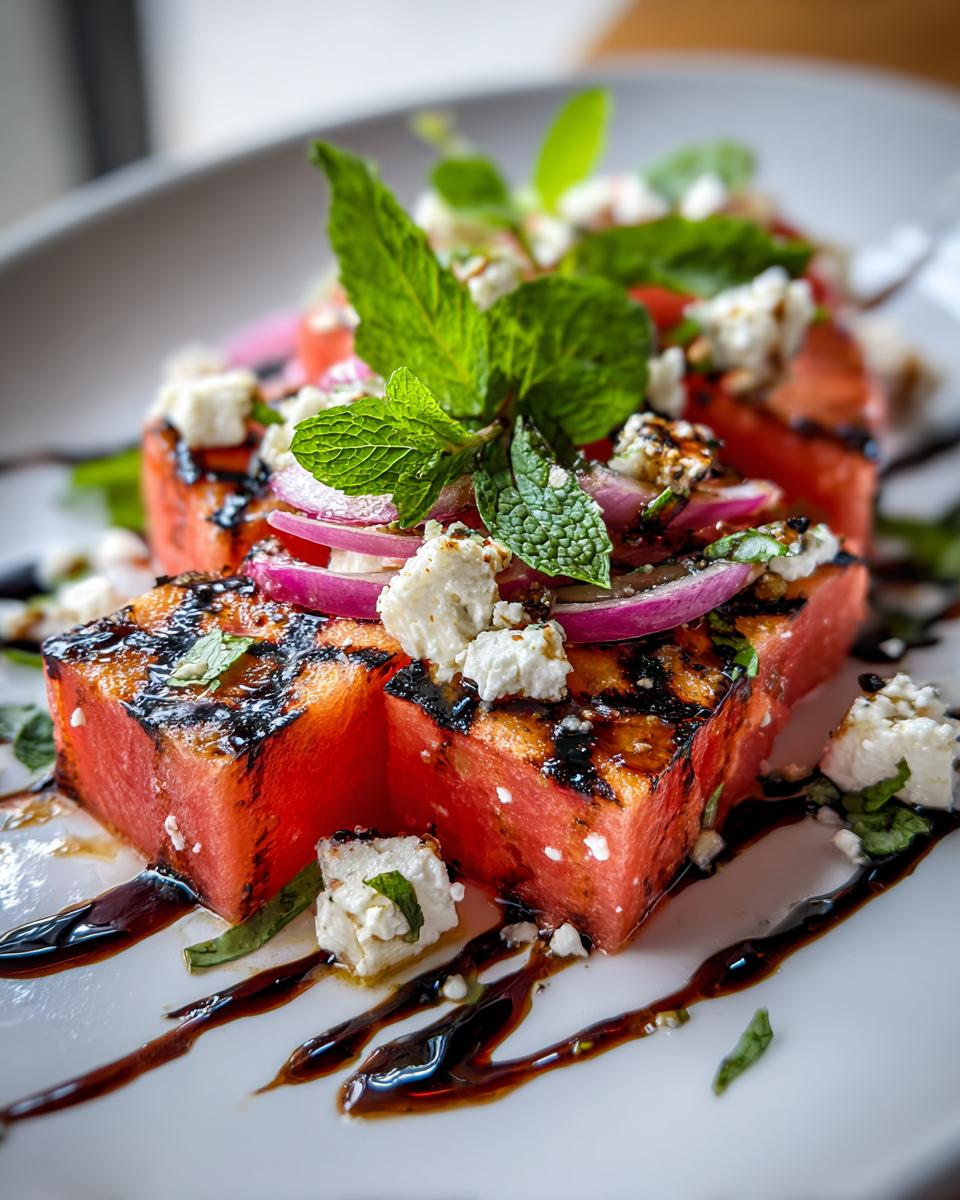 Close-up of a Grilled Watermelon Feta Salad with fresh mint and balsamic glaze. The Grilled Watermelon Feta Salad looks delicious.