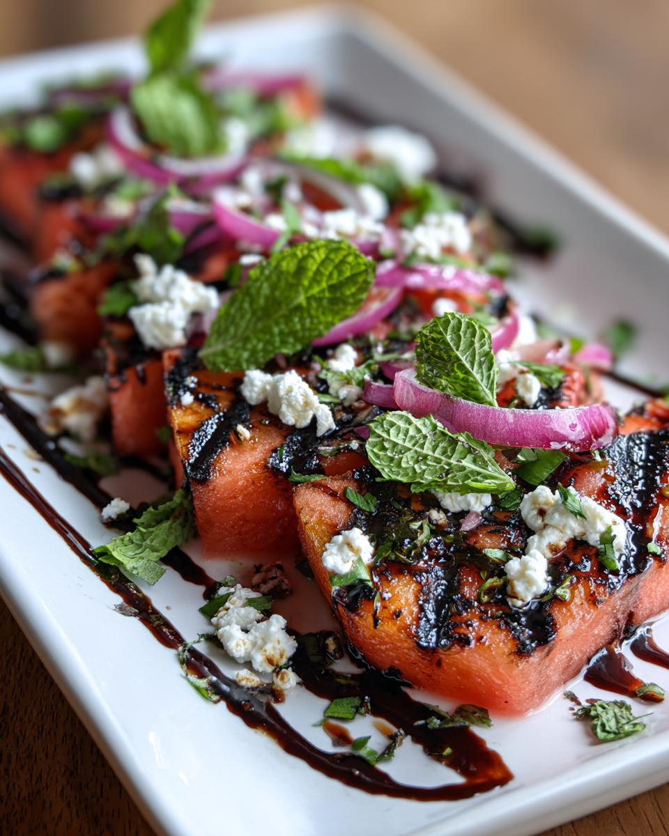 Close-up of a Grilled Watermelon Feta Salad with feta, red onion, and mint.