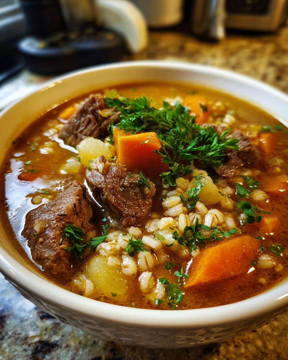 Close-up of a bowl of Hearty Beef & Barley Soup with beef chunks, barley, carrots, and parsley.