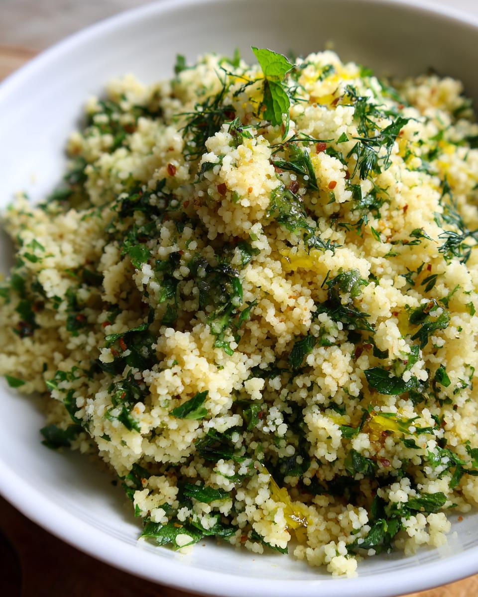 Close-up of a bowl of delicious herbed couscous with fresh herbs and lemon zest.