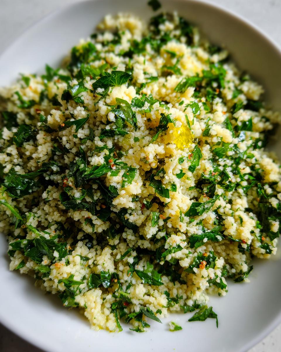 Close-up of a bowl of fresh Herbed Couscous, garnished with herbs and olive oil.