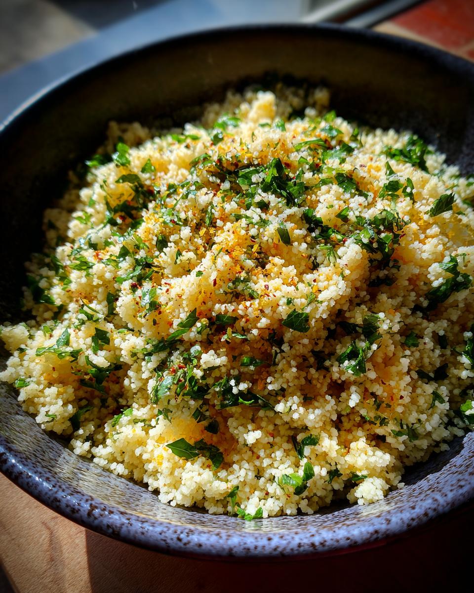 Close-up of a bowl of delicious Herbed Couscous, garnished with fresh herbs and spices.