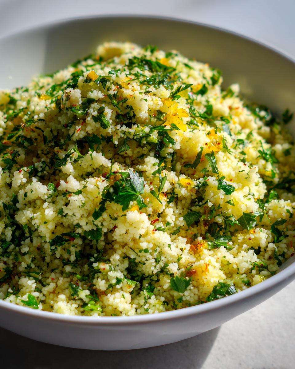 Close-up of a bowl of delicious herbed couscous, garnished with fresh herbs.