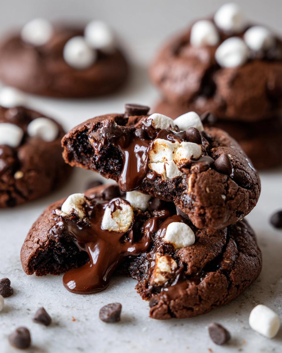 Close-up of two Hot Cocoa Cookies stacked, with melted marshmallows and rich chocolate sauce oozing out.
