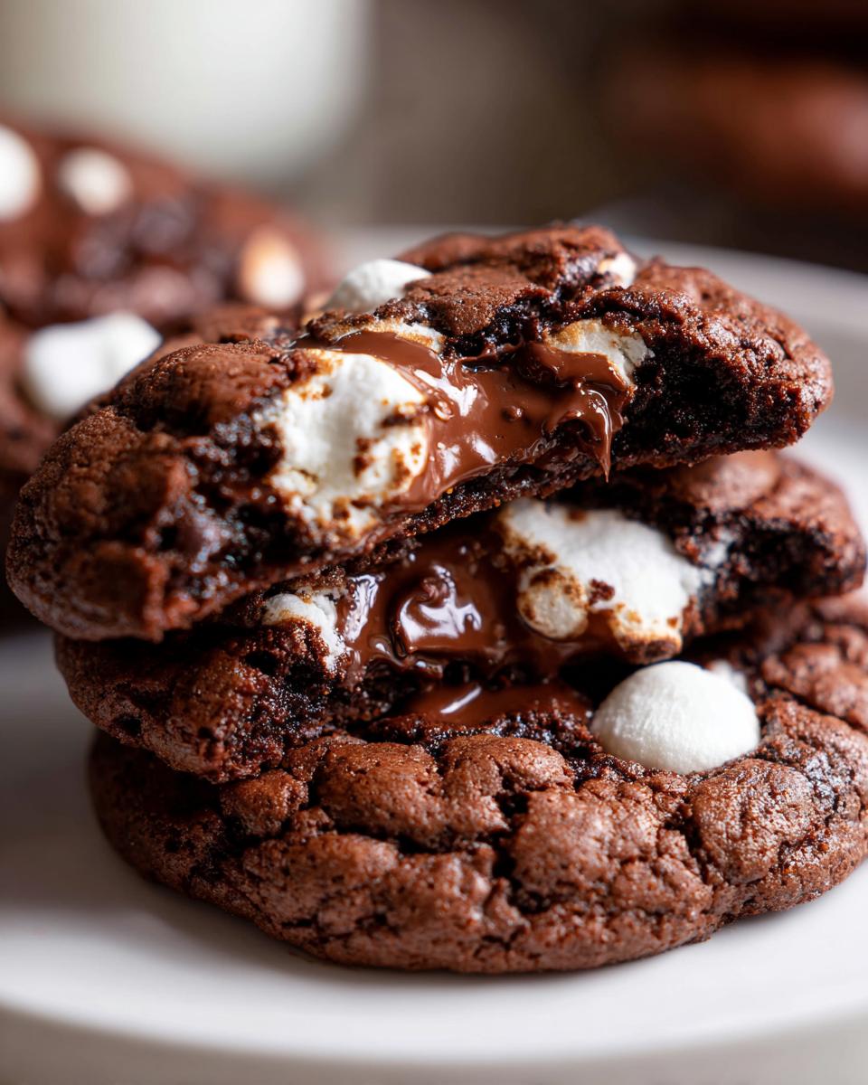 Close-up of two stacked Hot Cocoa Cookies, with melted chocolate and marshmallows oozing out.