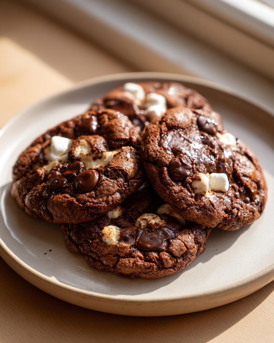 Close-up of three decadent Hot Cocoa Cookies topped with melted marshmallows and chocolate chips on a plate.