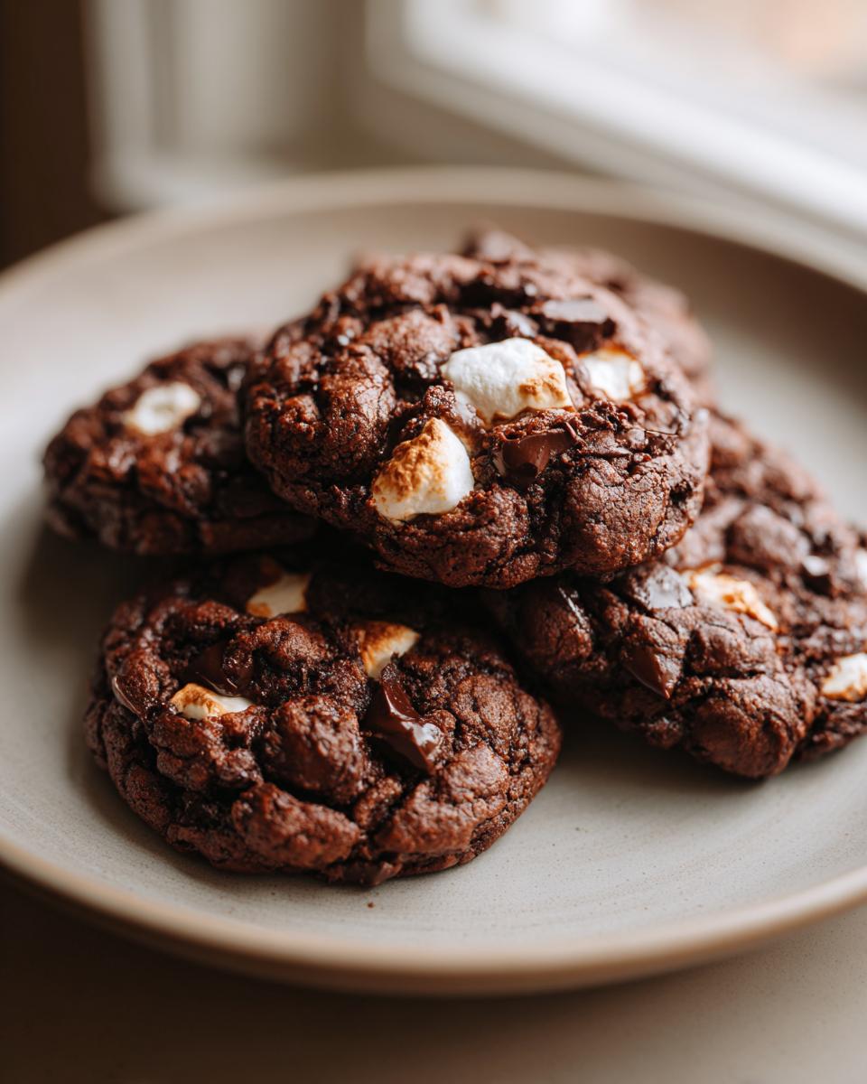 Close-up of rich chocolate Hot Cocoa Cookies studded with melted marshmallows and chocolate chips on a plate.