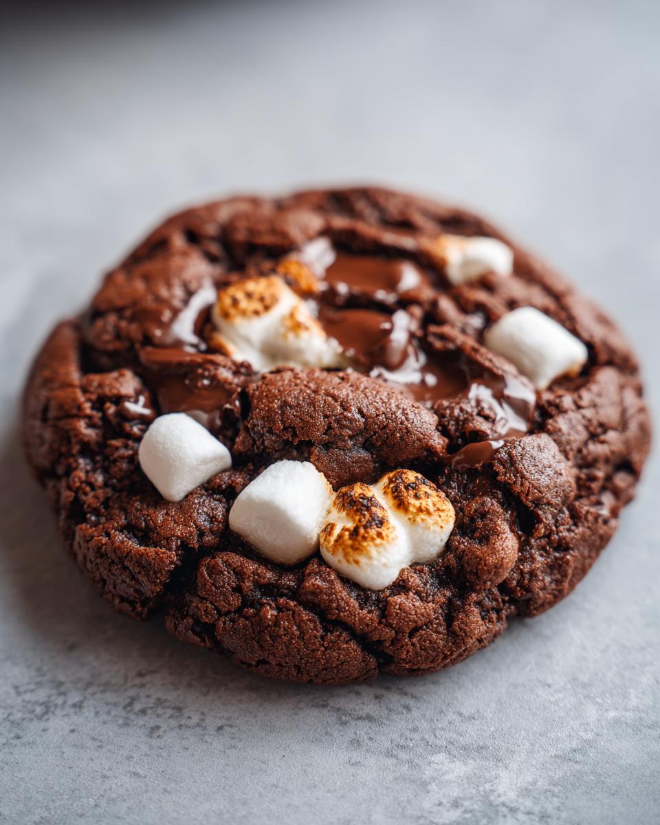 Close-up of a rich chocolate Hot Cocoa Cookie topped with melted chocolate chips and toasted marshmallows.