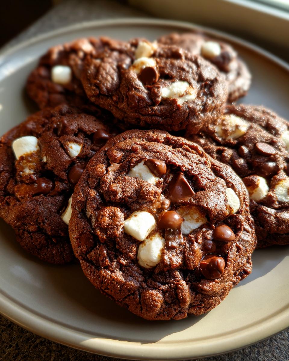 Close-up of rich, dark chocolate Hot Cocoa Cookies studded with melted marshmallows and chocolate chips.