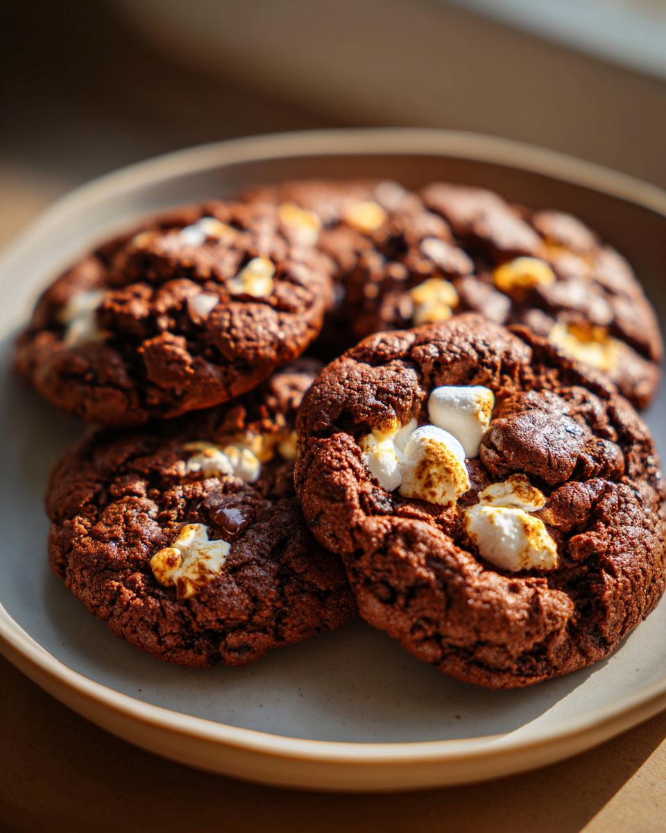 Close-up of rich chocolate Hot Cocoa Cookies topped with melted marshmallows and chocolate chips.