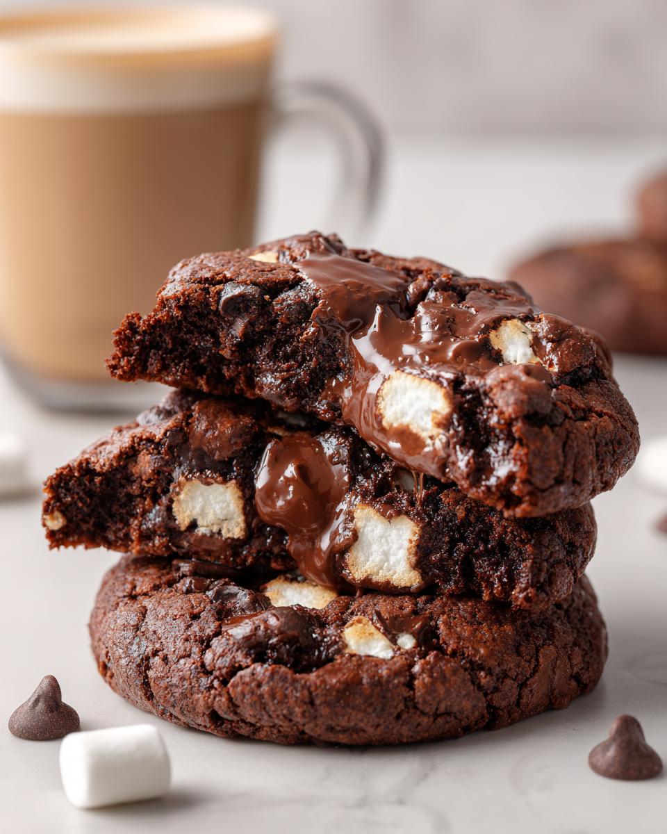 A stack of three rich, dark chocolate Hot Cocoa Cookies, oozing with melted chocolate and studded with marshmallows.