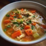 Close-up of a bowl of Immune-Boosting Chicken & Ginger Soup with carrots, chicken, and rice.