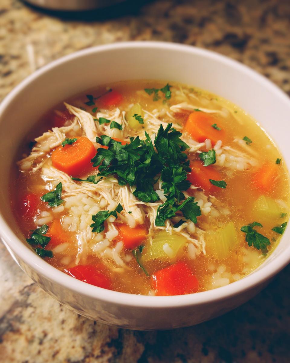 A bowl of delicious Immune-Boosting Chicken & Ginger Soup with carrots, rice, and herbs.
