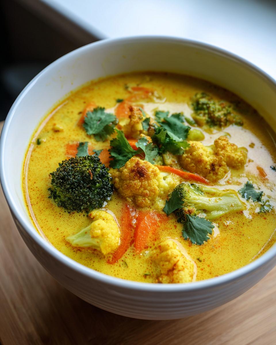 Close-up of a bowl of Immune-Boosting Turmeric Veggie Soup with broccoli, cauliflower, and carrots.