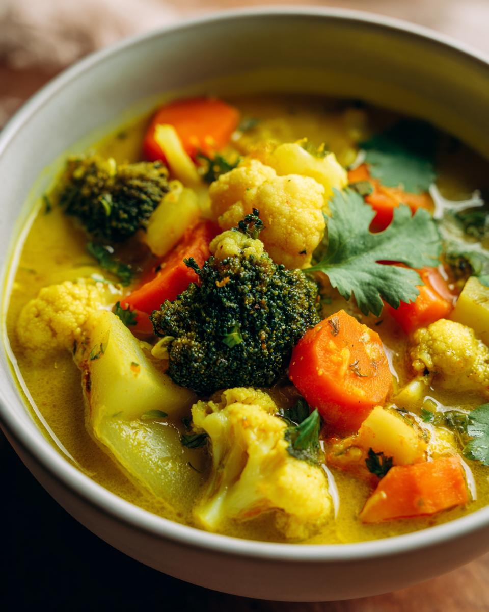 Close-up of a bowl of Immune-Boosting Turmeric Veggie Soup with broccoli, carrots, and cauliflower.