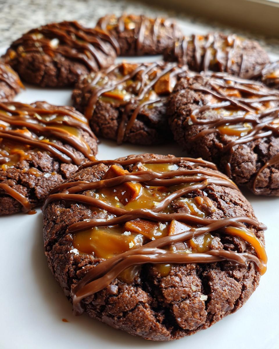 Close-up of Insanely Delicious Turtle Cookies topped with gooey caramel and chocolate drizzle.