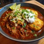 A bowl of Instant Pot Chicken Enchilada Soup, topped with cheese, sour cream, and lime wedges.