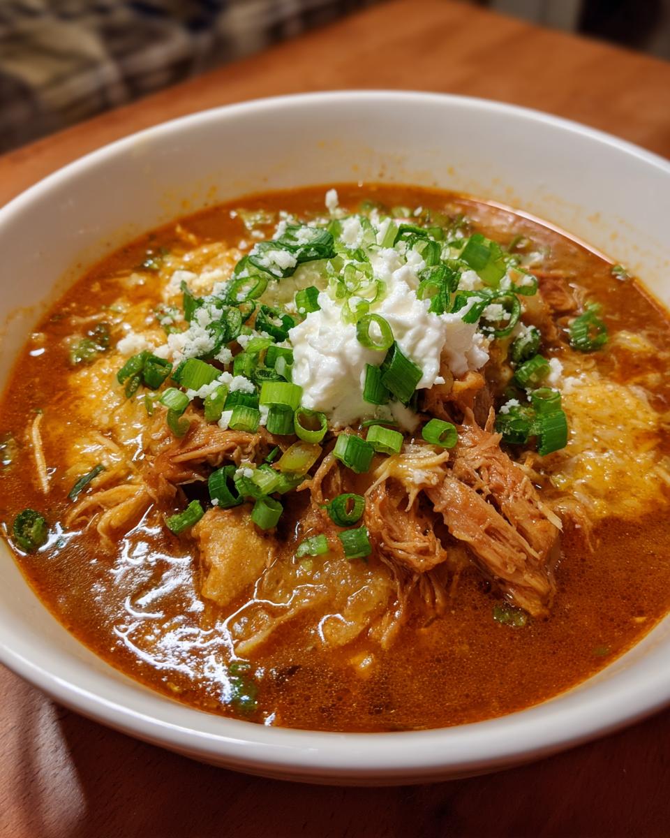 Close-up of a bowl of Instant Pot Chicken Enchilada Soup, topped with sour cream and green onions.