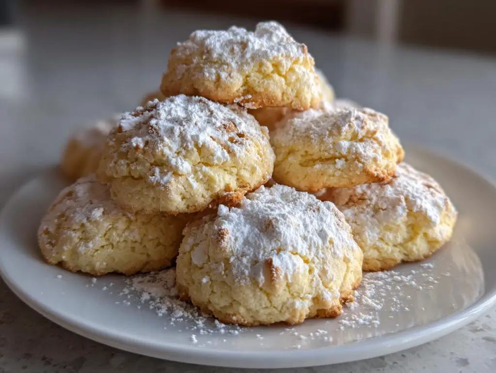 A stack of delicious Italian Ricotta Cookies dusted with powdered sugar on a white plate.