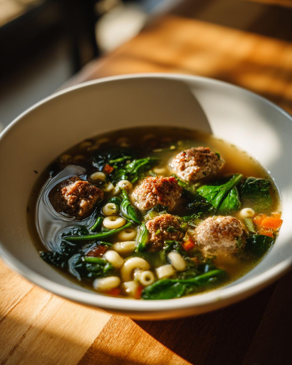 Close-up of a bowl of Italian Wedding Soup with meatballs, pasta, and spinach.