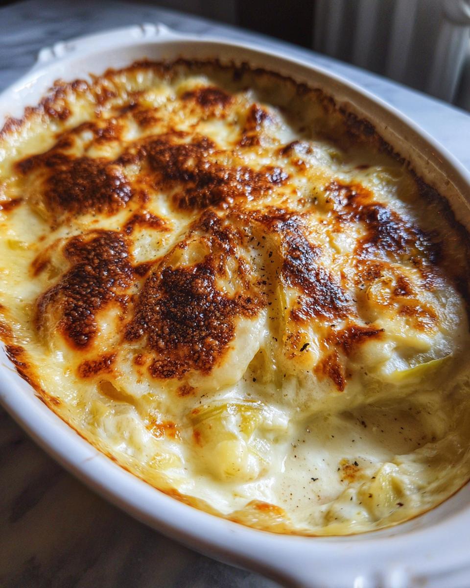 Close-up of a freshly baked Leek Gratin in a white baking dish, with golden-brown cheese topping.