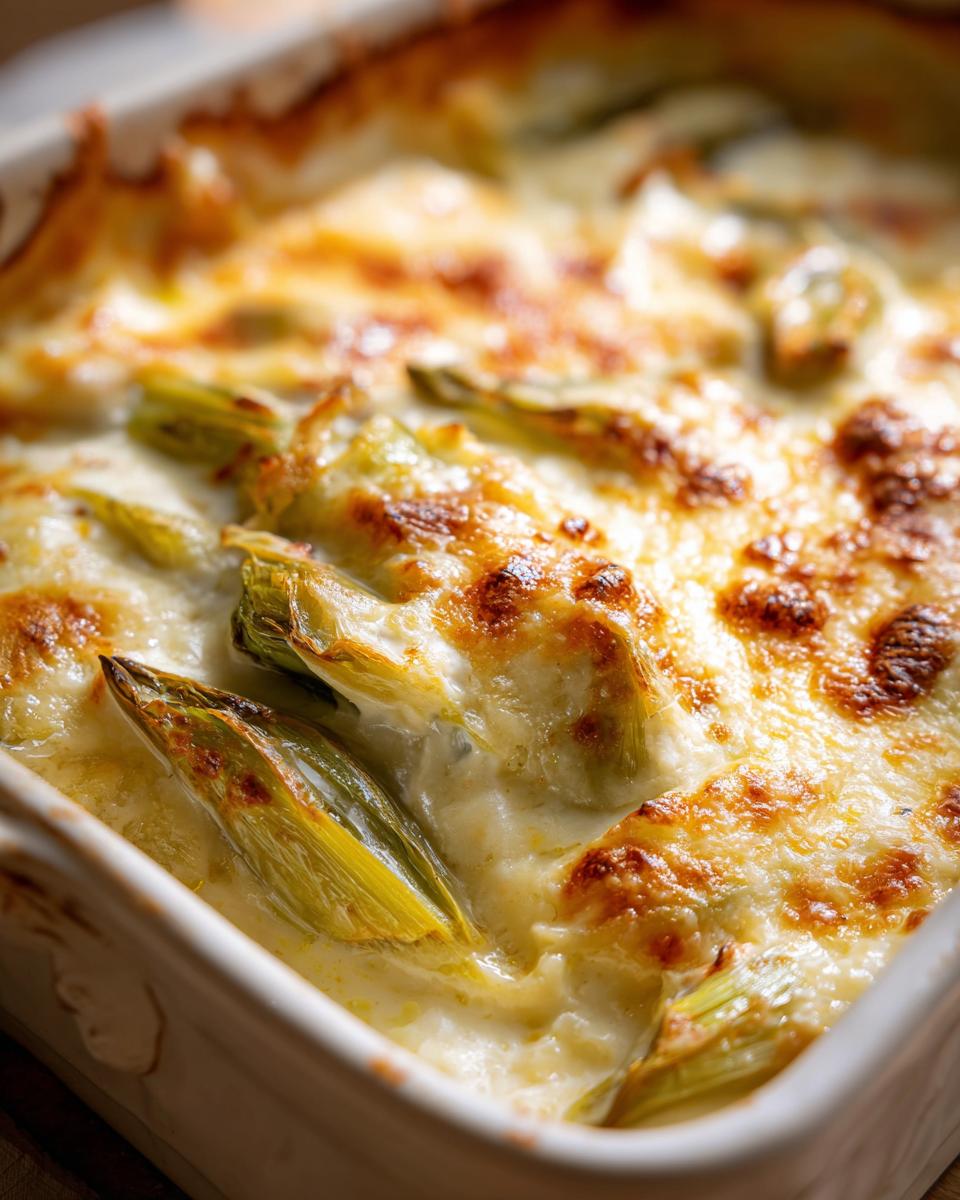 Close-up of a freshly baked Leek Gratin with melted cheese and tender leeks.