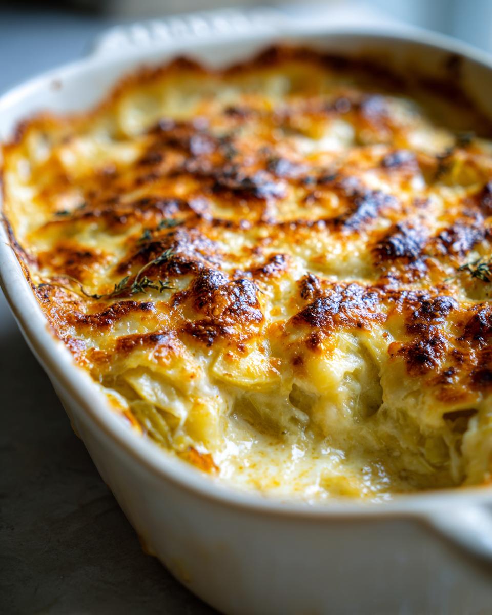 Close-up of a golden-brown Leek Gratin baked in a white ceramic dish, ready to serve.