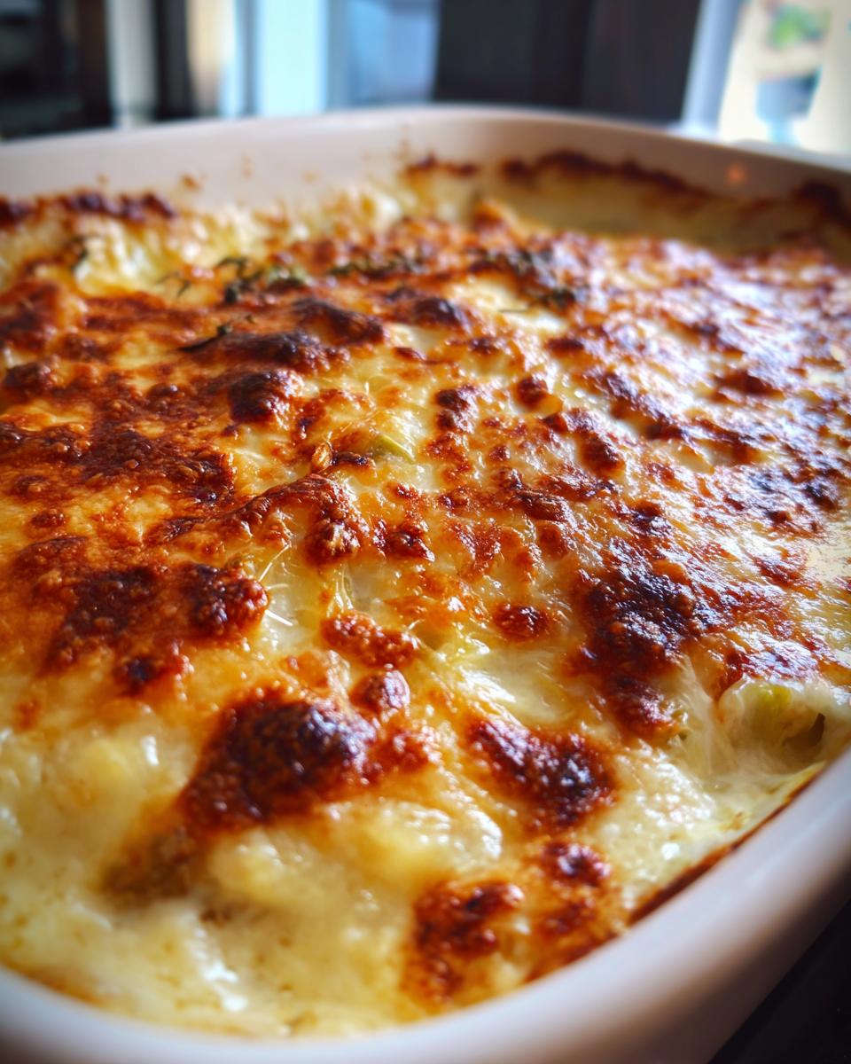 Close-up of a baked Leek Gratin with melted cheese, bubbly and golden brown.