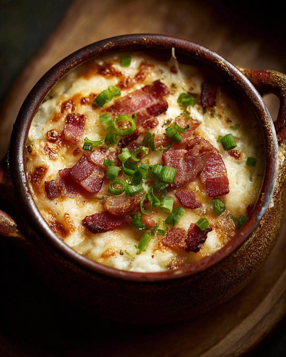 Close-up of a bowl of Loaded Baked Potato Soup topped with bacon and chives.