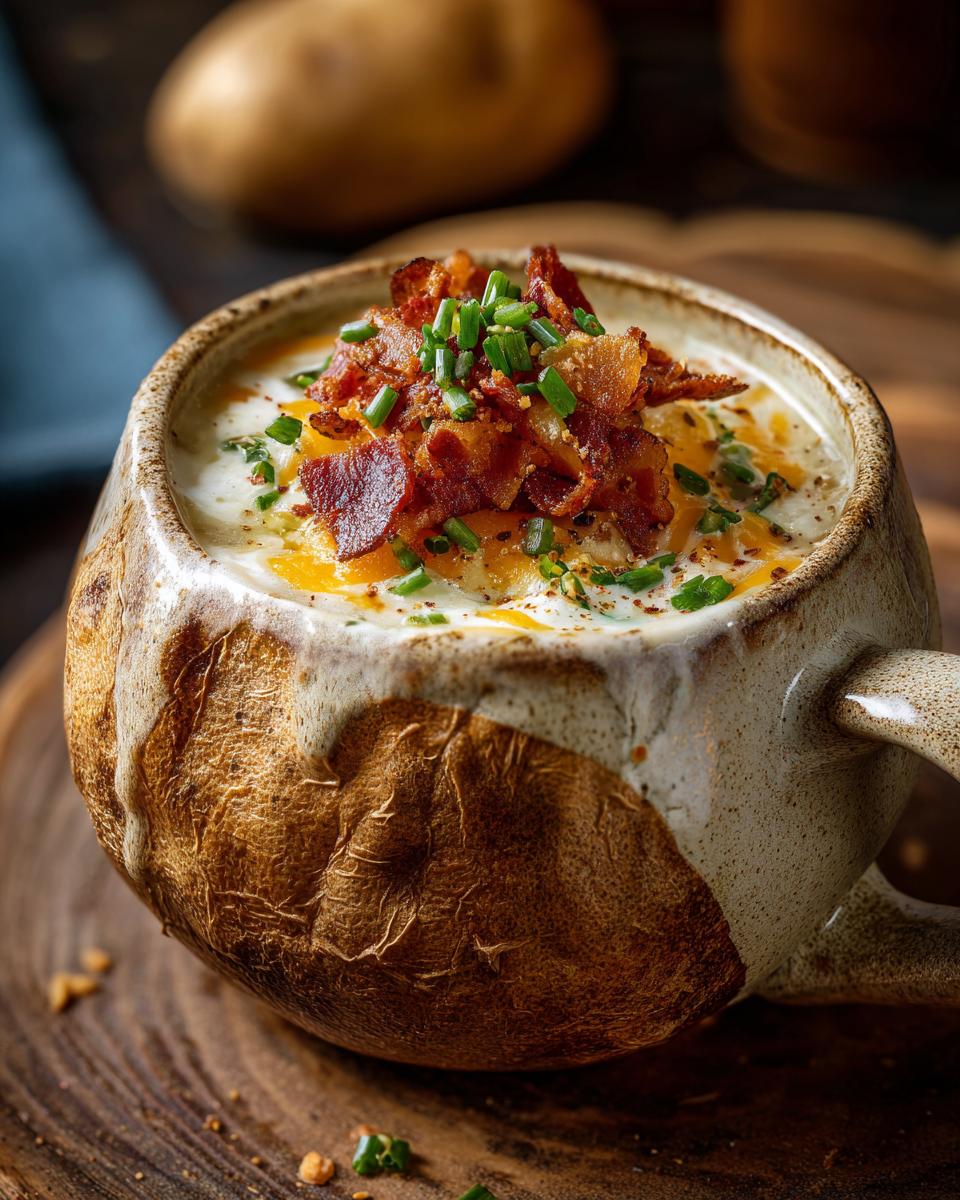 Close-up of a bowl of creamy Loaded Baked Potato Soup, topped with bacon and chives.