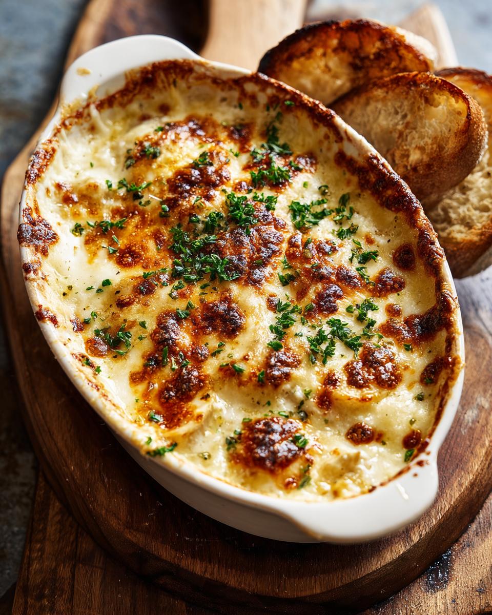 Baked Loaded Potato Soup in a white dish, garnished with fresh herbs, served with toasted bread.