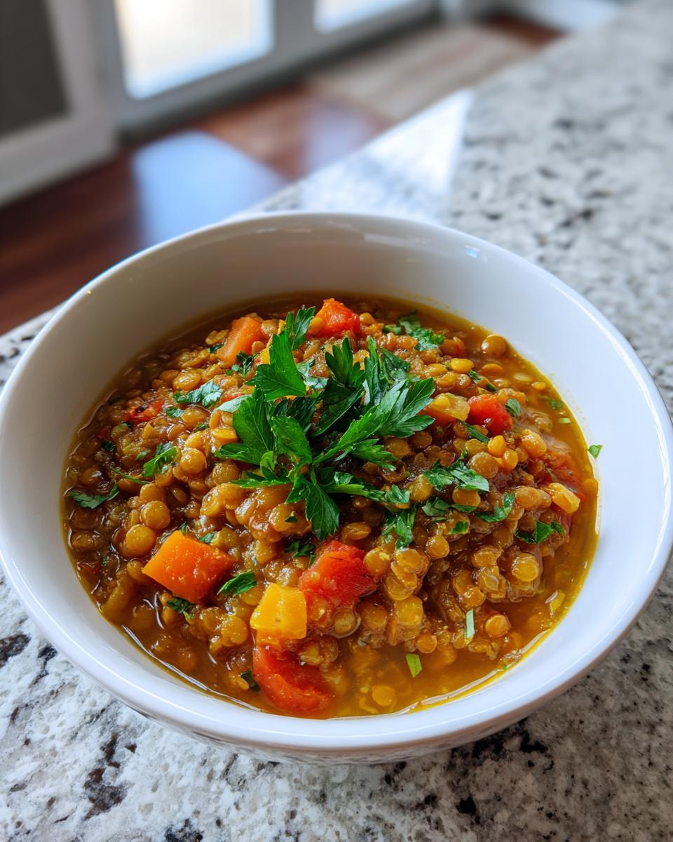 Close-up of a bowl of Mediterranean Lemon Lentil Soup, garnished with fresh parsley and vegetables.