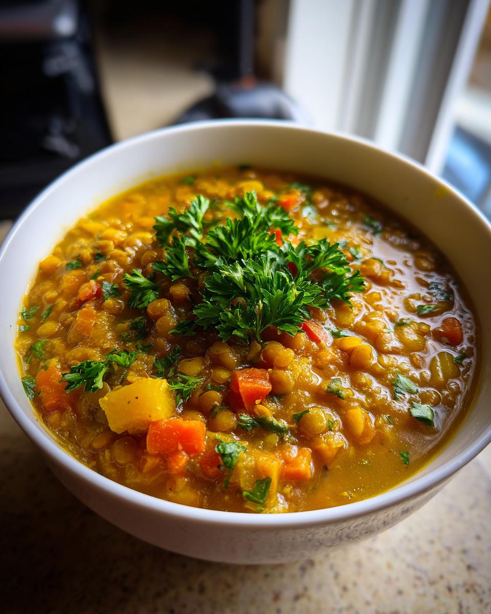 Close-up of a bowl of Mediterranean Lemon Lentil Soup garnished with fresh parsley.