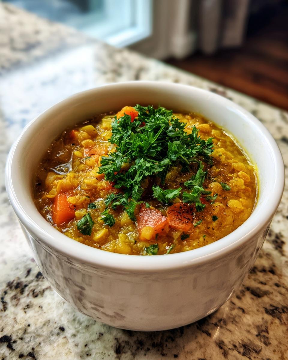 Close-up of a bowl of Mediterranean Lemon Lentil Soup, garnished with fresh parsley.