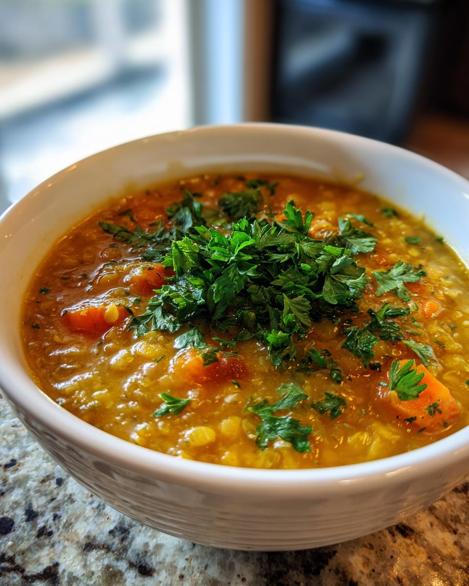 Close-up of a bowl of Mediterranean Lemon Lentil Soup garnished with fresh parsley.