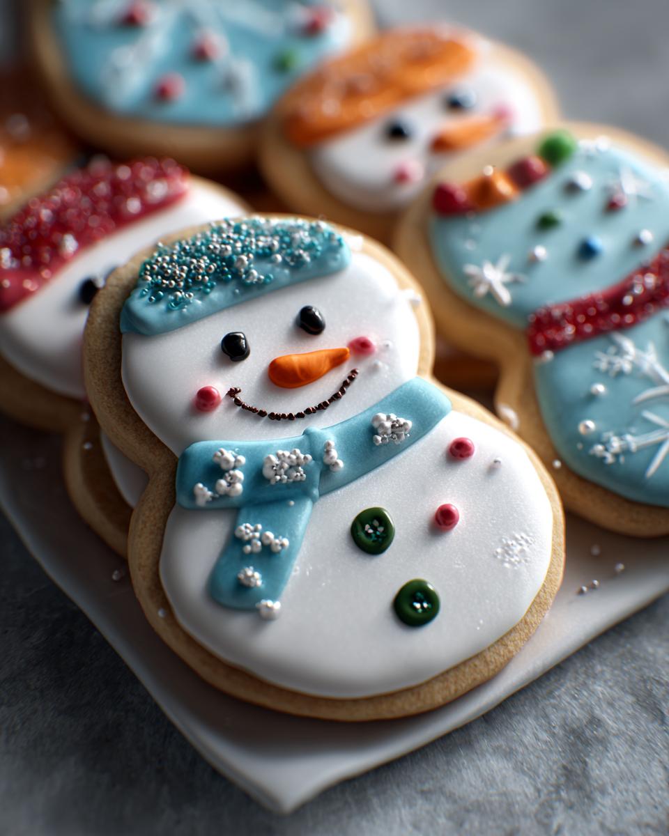 Close-up of decorated Melted Snowman Sugar Cookies with blue scarves and festive sprinkles.