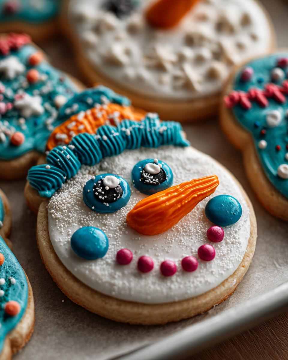 Close-up of a festive Melted Snowman Sugar Cookie with white icing, blue eyes, orange carrot nose, and pink candy mouth.