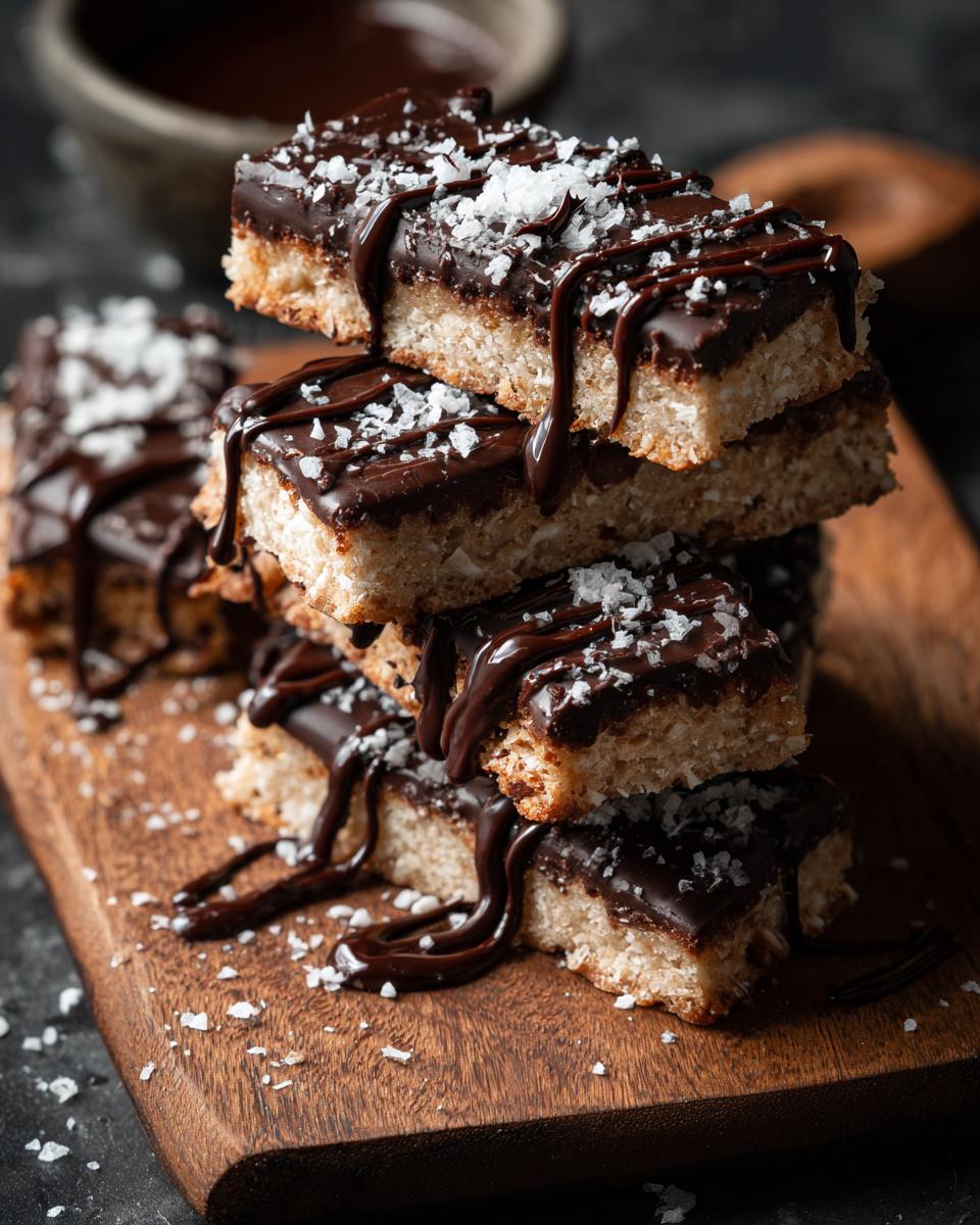 Stack of North Pole Chocolate-Dipped Shortbread Bars drizzled with chocolate and sprinkled with sea salt.