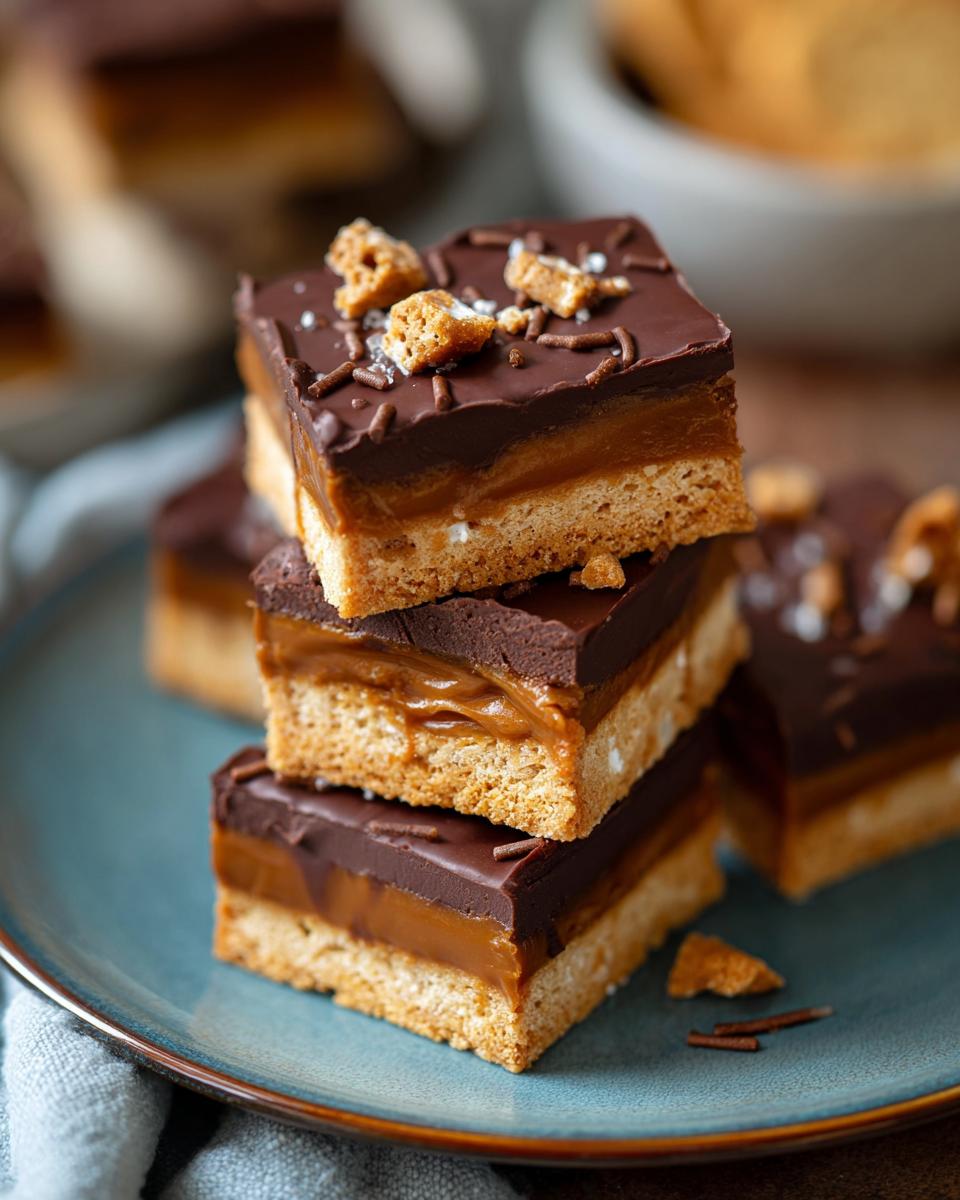 Close-up of stacked North Pole Chocolate-Dipped Shortbread Bars on a blue plate, showing layers of shortbread, caramel, and chocolate.