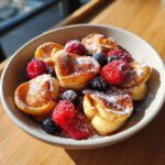 A bowl of Nutella-Stuffed Pancake Cereal topped with fresh raspberries, blueberries, and powdered sugar.