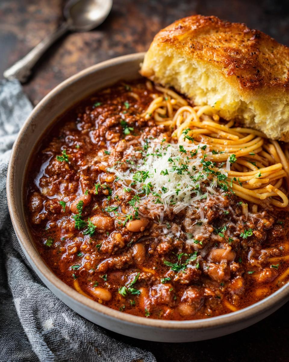 Close-up of a bowl of One-Pot Pasta e Fagioli Soup with bread, cheese and herbs.