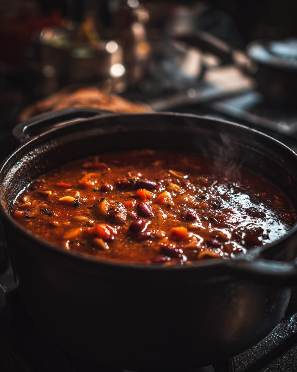 Close-up of a pot of steaming One-Pot Pasta e Fagioli Soup, with beans and pasta.