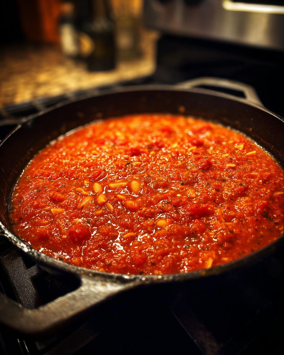 Close-up of One-Pot Pasta e Fagioli Soup simmering in a cast iron skillet on a stovetop.