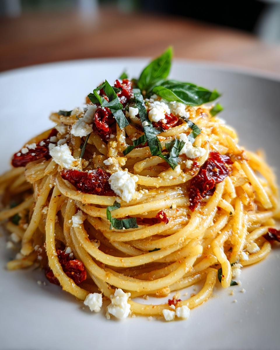 Close-up of delicious One-Pot Sun-Dried Tomato Feta Pasta with feta cheese, sun-dried tomatoes, and basil.