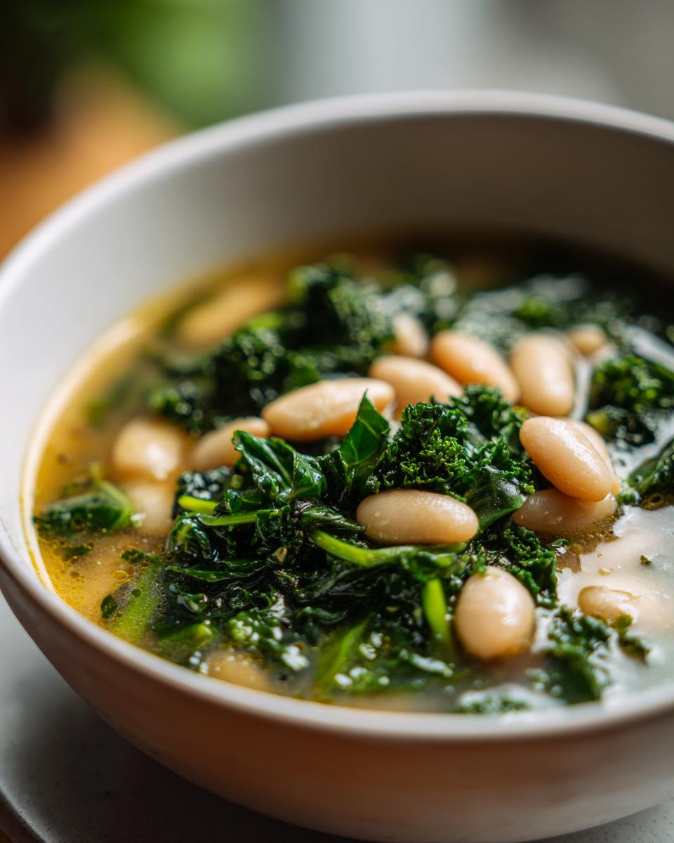 Close-up of a bowl of One-Pot White Bean & Kale Soup, with beans and kale visible.