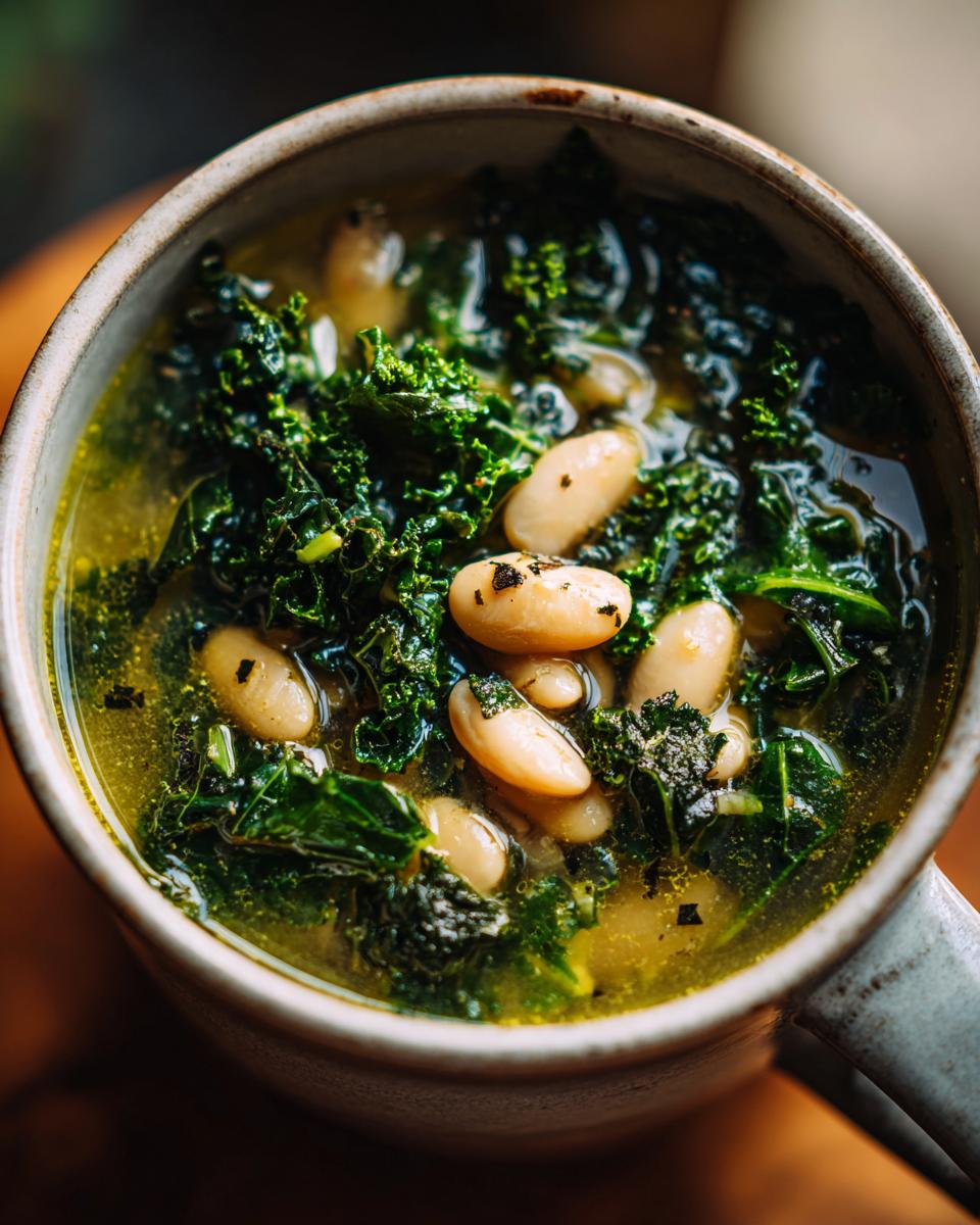 Close-up of a bowl of One-Pot White Bean & Kale Soup, showing kale and white beans.