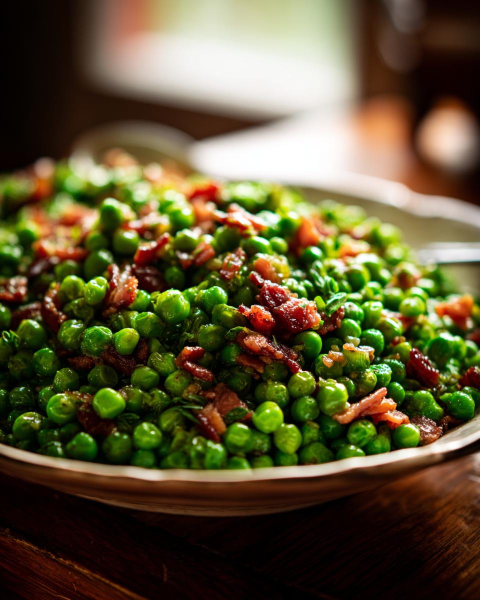 Close-up of a bowl of delicious Peas with Pancetta, a quick and easy recipe.