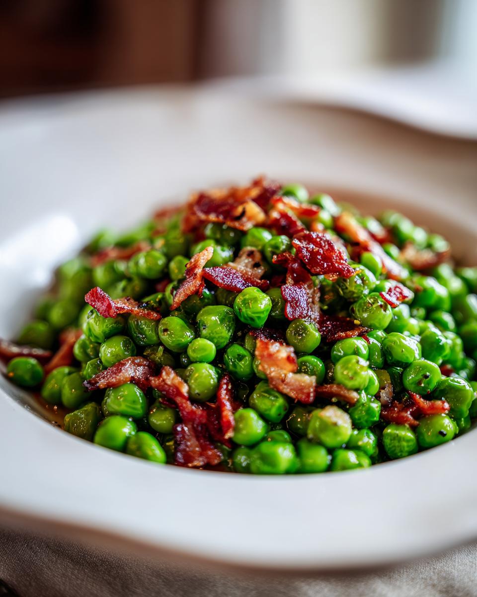 Close-up of a bowl of delicious Peas with Pancetta, a simple and flavorful dish.