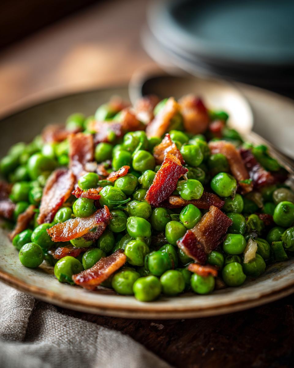 Close-up of a plate of delicious Peas with Pancetta, a quick and easy recipe.