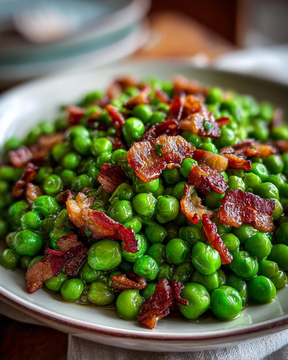 Close-up of a plate of Peas with Pancetta, a delicious and easy recipe.